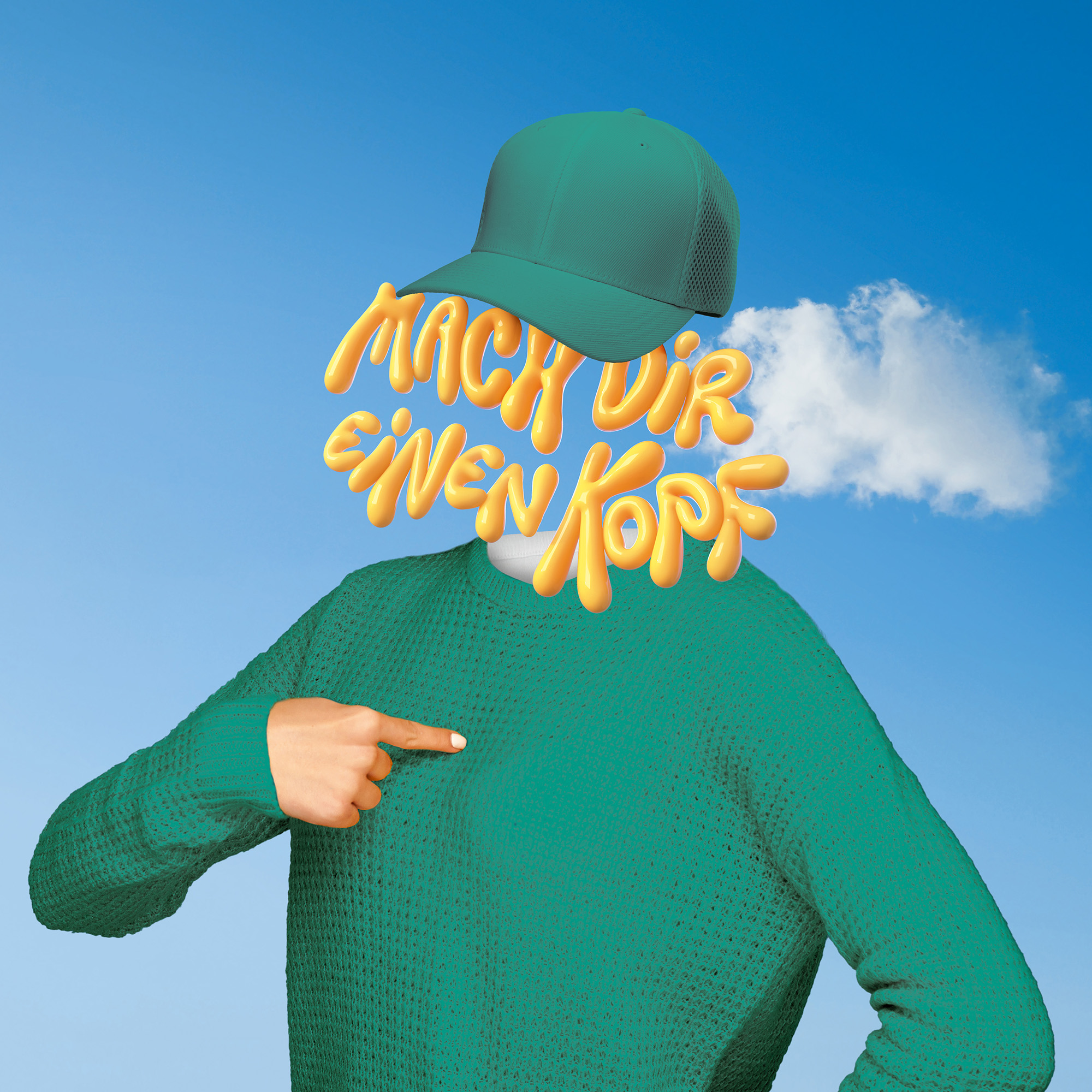 Keyvisual Arbeitswelt: Person mit grüner Mütze, grünem Pulli und anstatt eines Kopfes die Schrift "Mach dir einen Kopf"