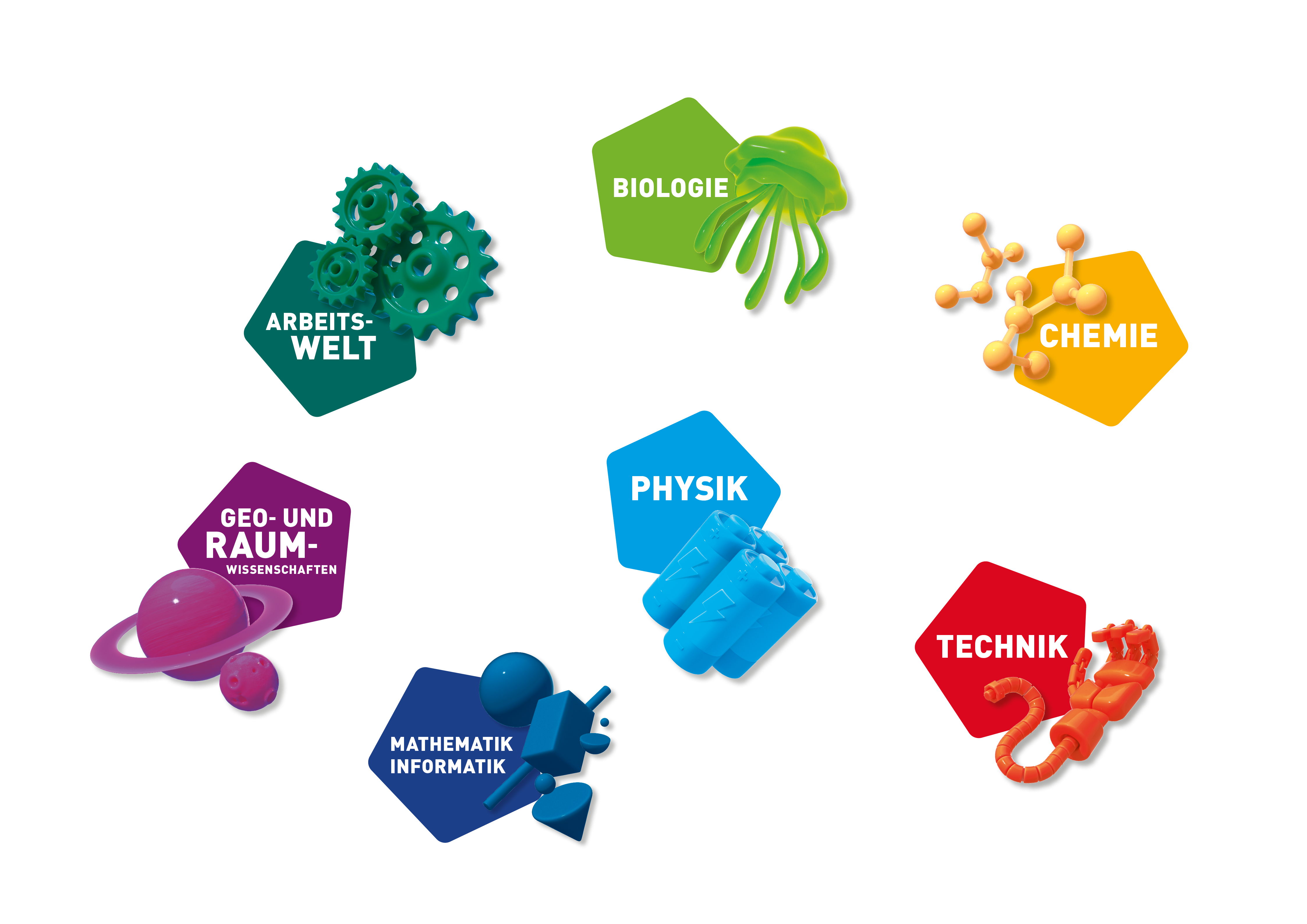Die sieben Bereiche der Projekte: Arbeitswelt, Biologie, Chemie, Geo- und Raumwissenschaften, Physik, Mathematik/Informatik und Technik