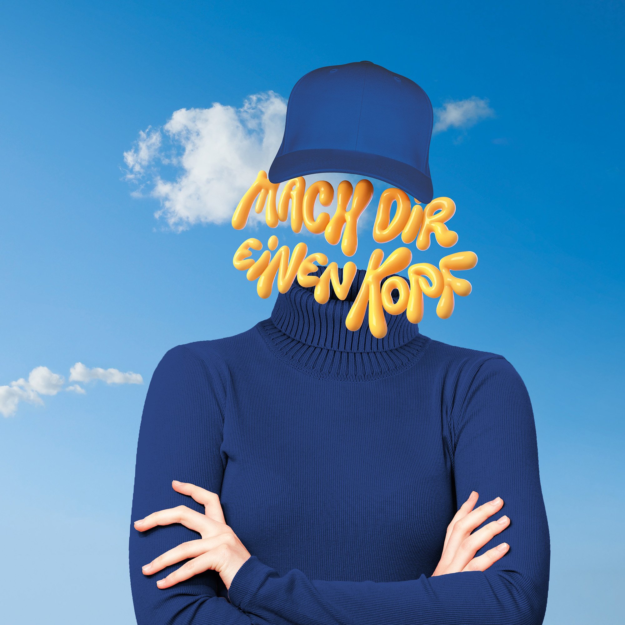 Keyvisual Mathematik/Informatik: Person mit blauer Mütze, blauem Pulli und anstatt eines Kopfes die Schrift "Mach dir einen Kopf"