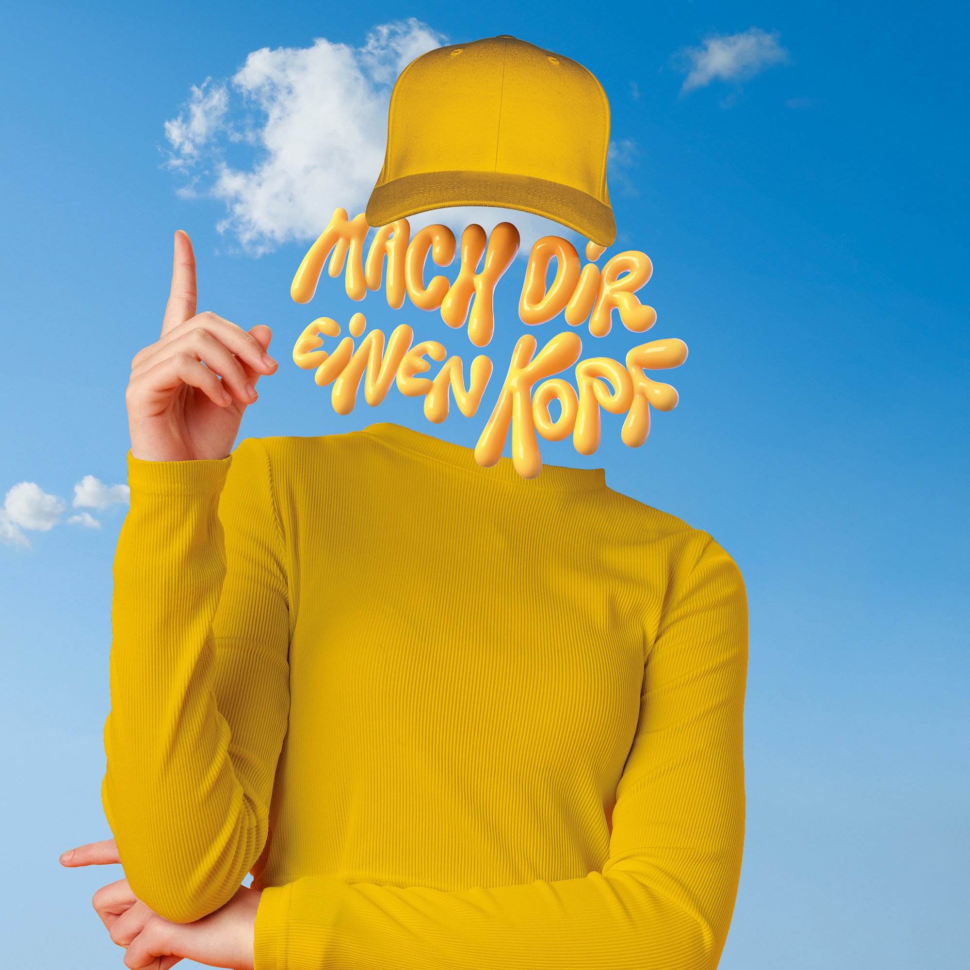 Keyvisual Chemie: Person mit gelber Mütze, gelbem Pulli und anstatt eines Kopfes die Schrift "Mach dir einen Kopf"