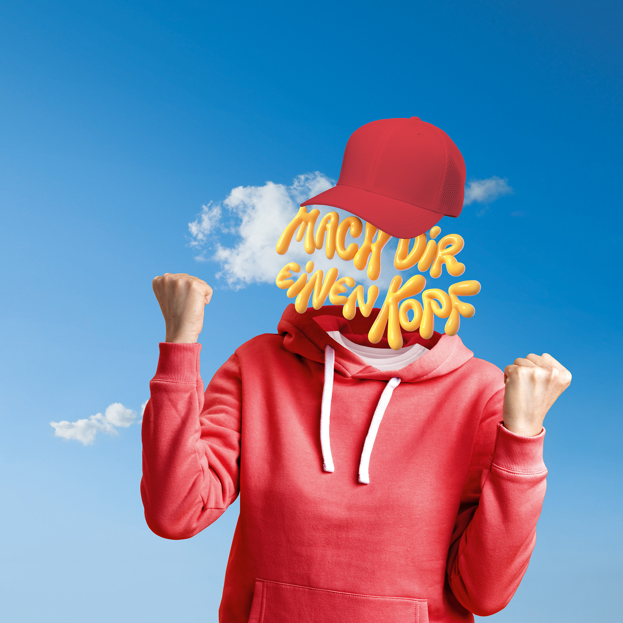 Keyvisual Technik: Person mit roter Mütze, rotem Pulli und anstatt eines Kopfes die Schrift "Mach dir einen Kopf"