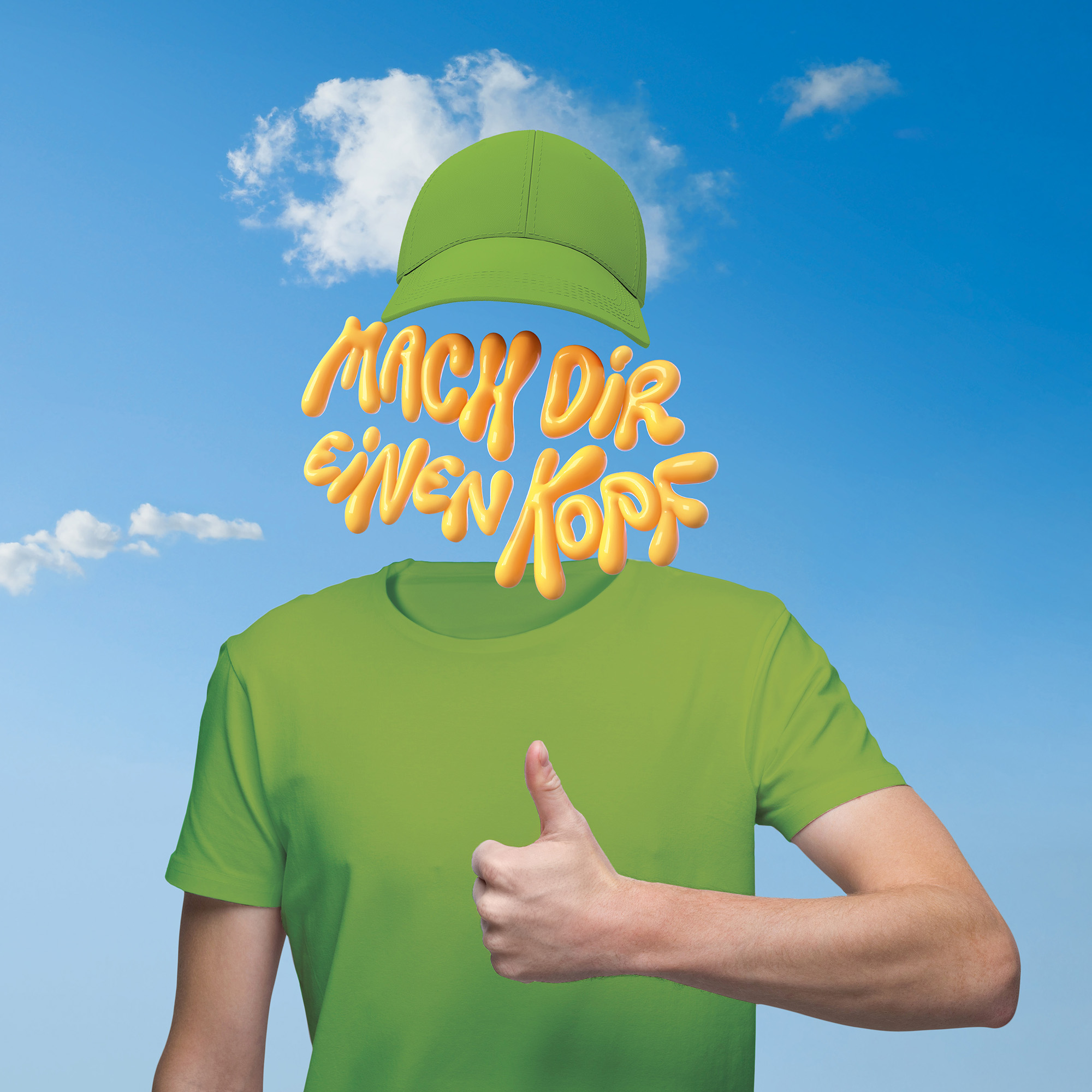 Keyvisual Biologie: Person mit hellgrüner Mütze, hellgrünem Pulli und anstatt eines Kopfes die Schrift "Mach dir einen Kopf"