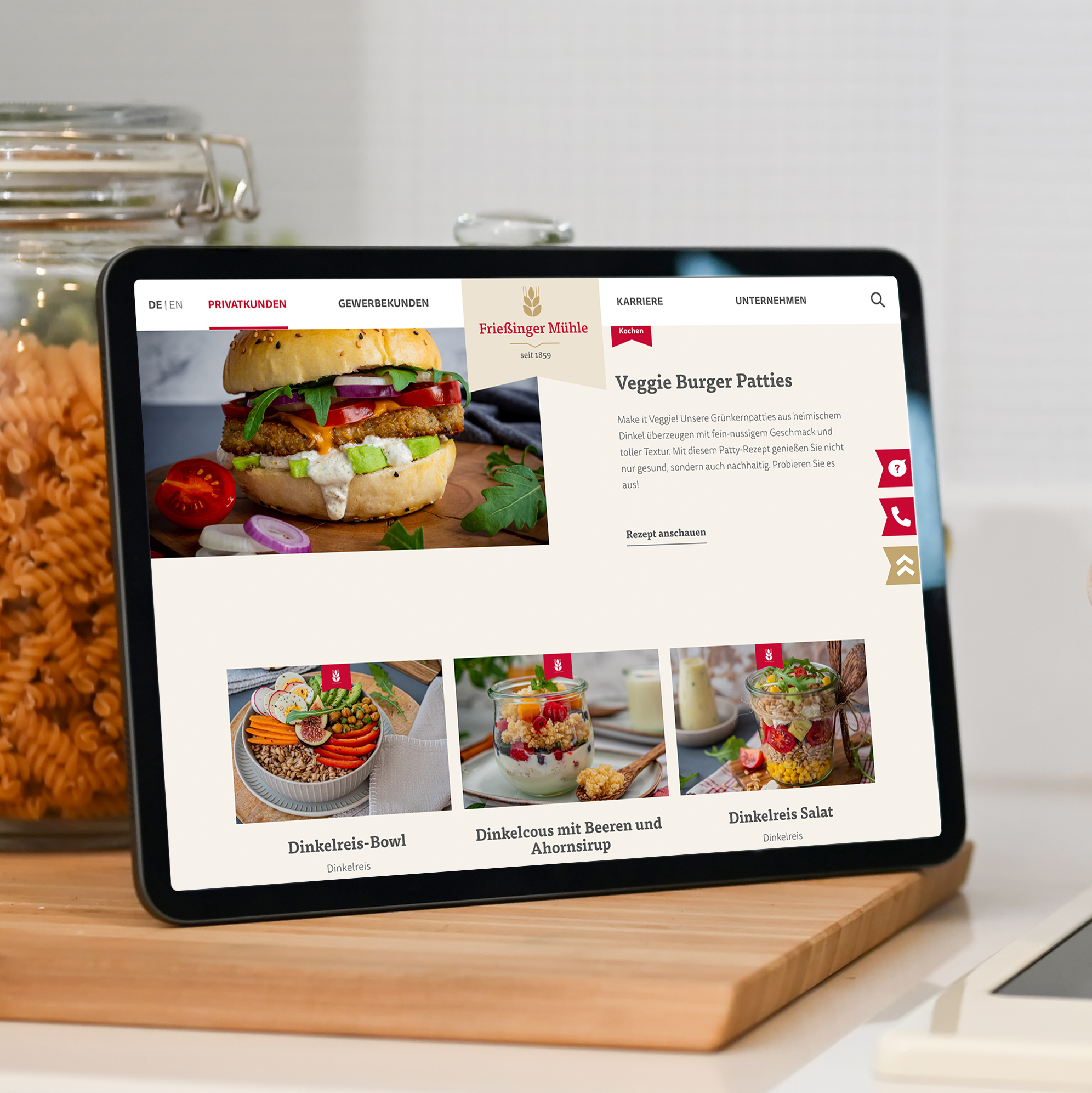 Die Rezeptübersicht der Frießinger Mühle Website auf einem iPad